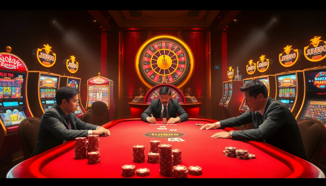 Engage with Jun888's thrilling casino atmosphere as players enjoy poker, slots, and roulette.