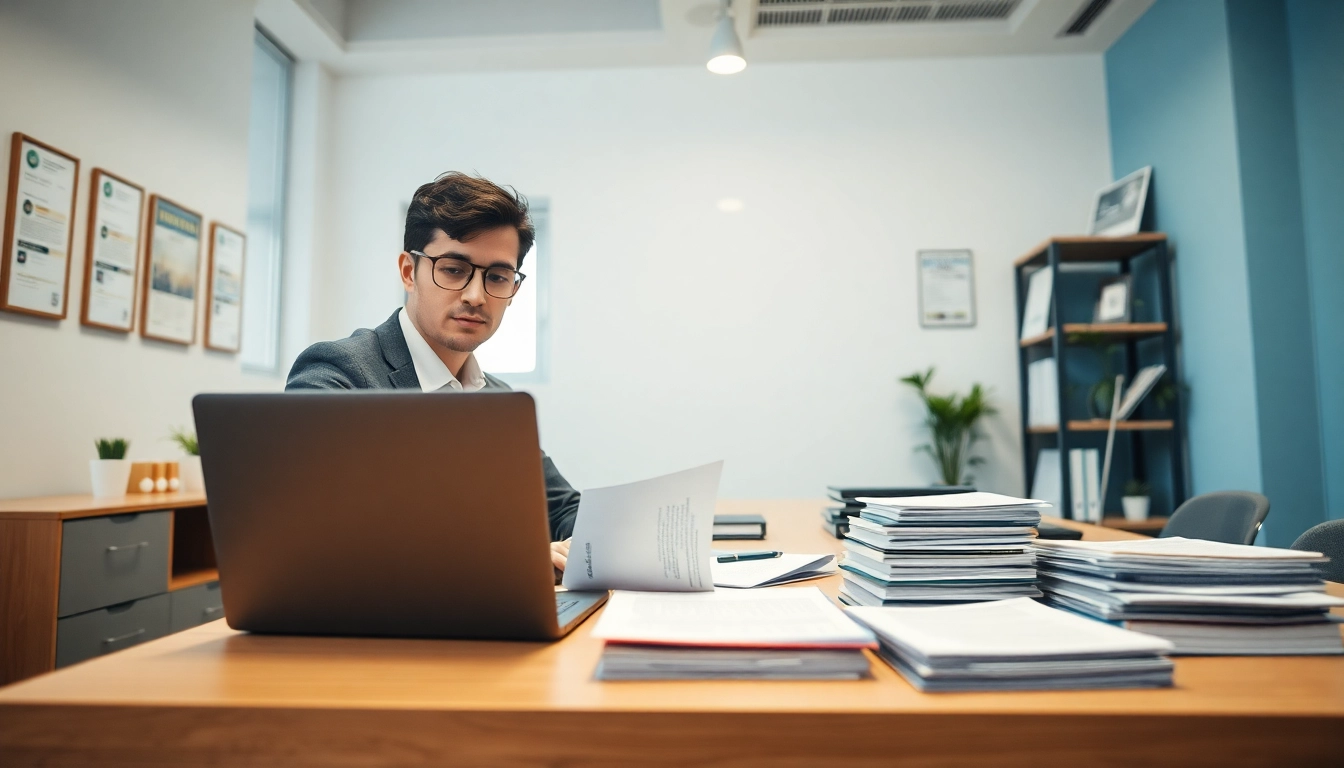 Certified translator working in a modern office with documents and tools.