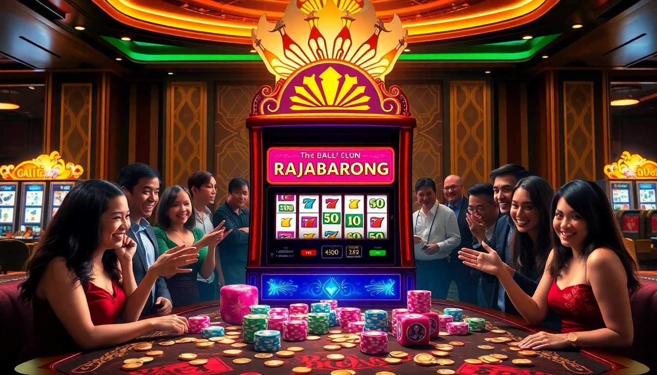 Players enjoying the RAJABARONG slot machine in a vibrant casino atmosphere.