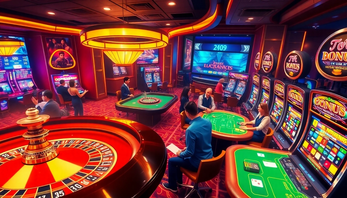 Experience the excitement of uk88 top with players engaging at vibrant casino tables and machines.