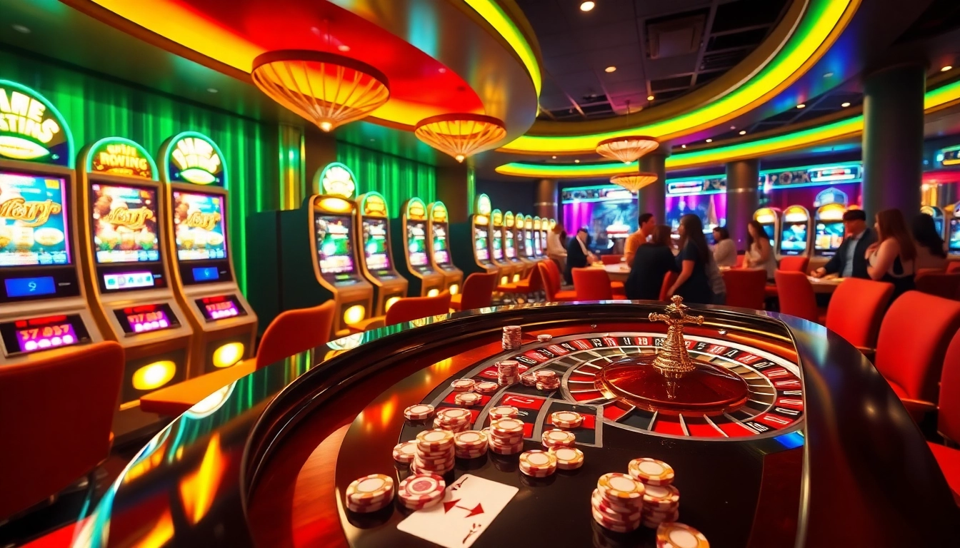 Nohu90 casino scene with active roulette table, vibrant slot machines, high-stakes excitement.
