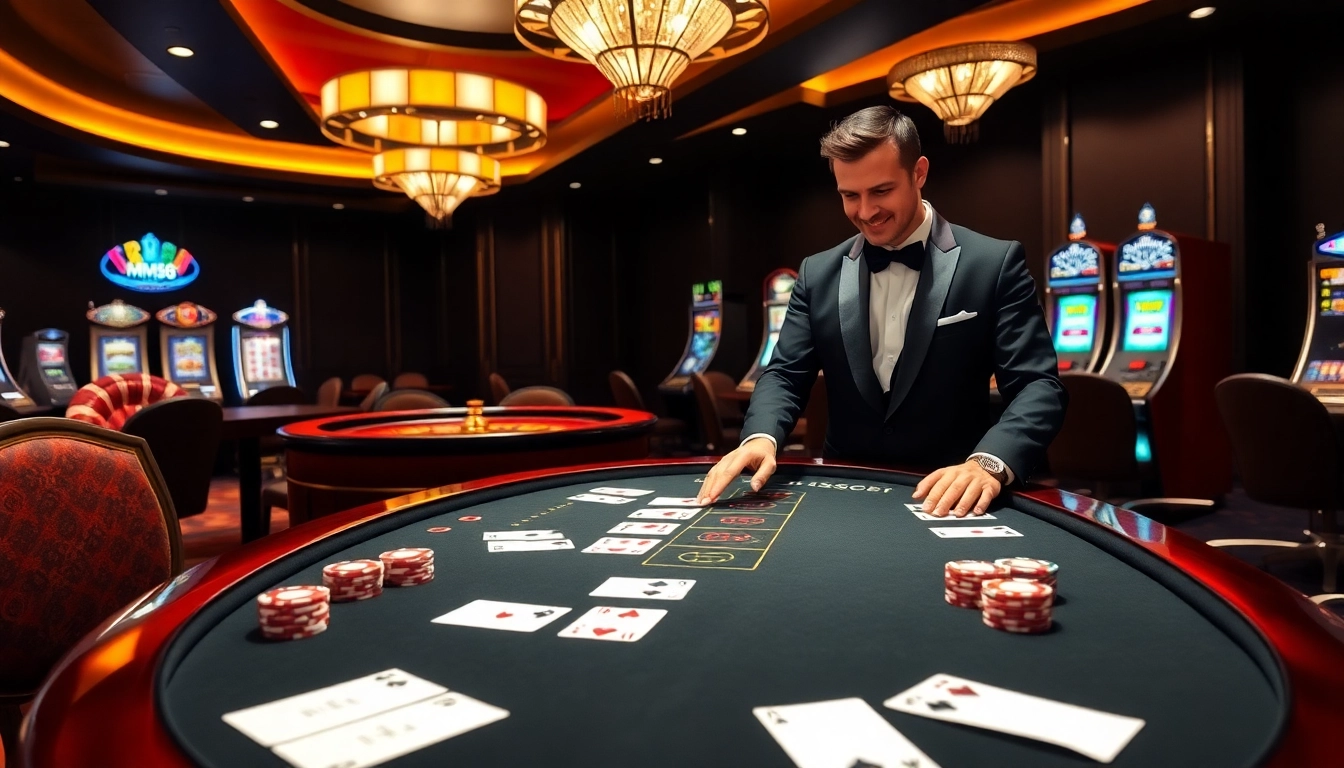 Experience the high-stakes excitement of MM88 at a luxurious casino table with vibrant poker chips.