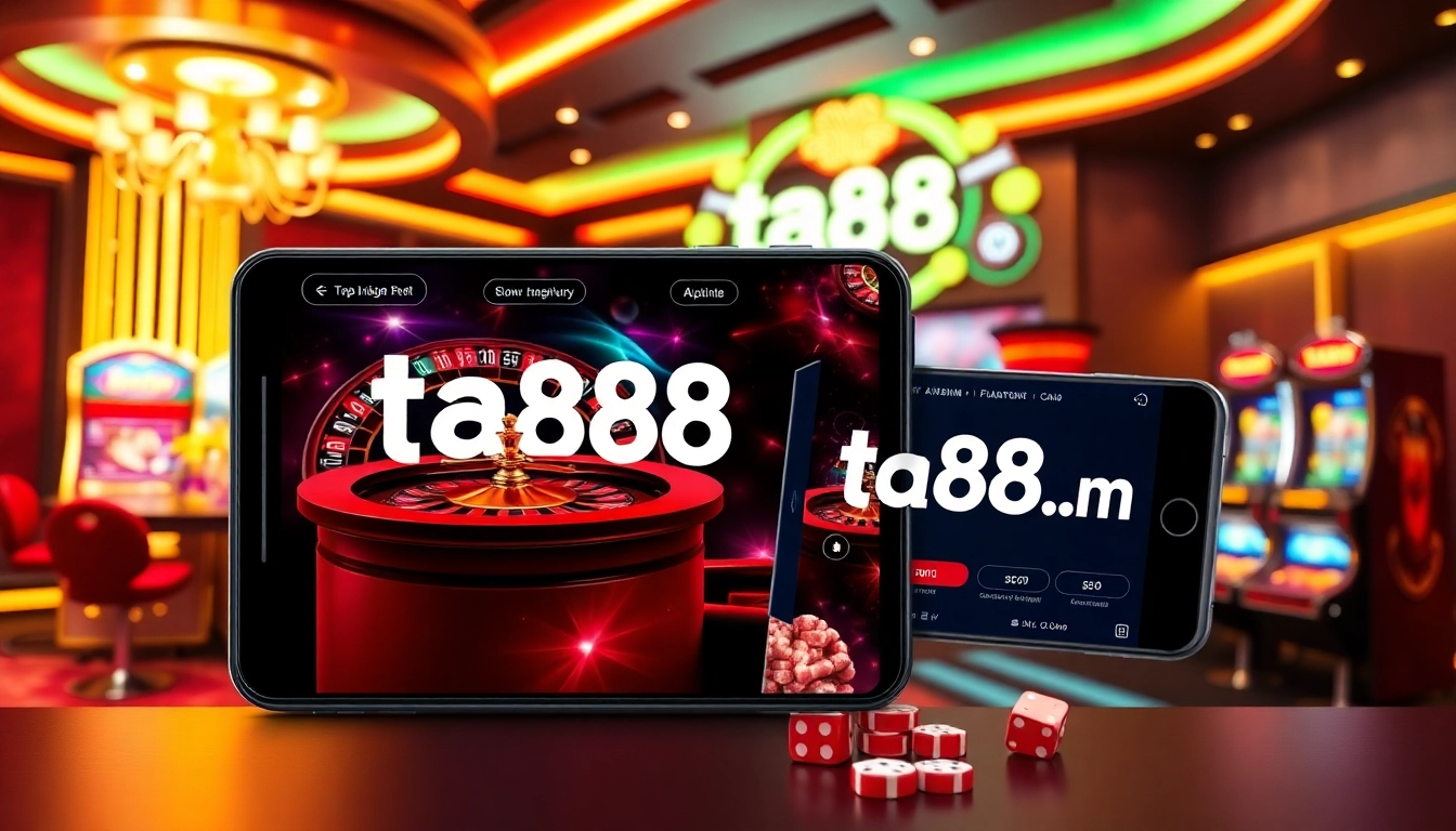 Experience thrilling gameplay at ta88.com with vibrant gambling scenes featuring poker tables and roulette wheels.