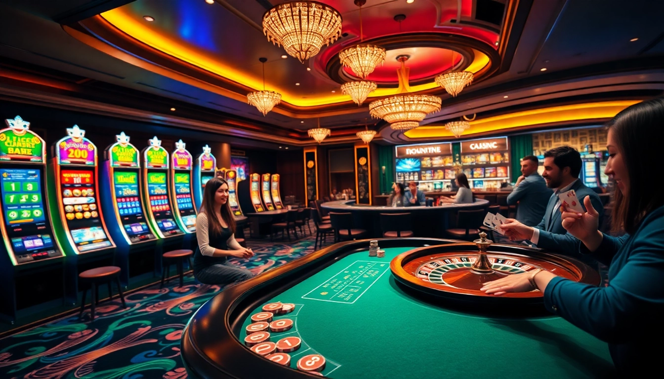 Excited players engaging at slot machines and tables at https://s88.works/ casino showcasing vibrant gaming action.