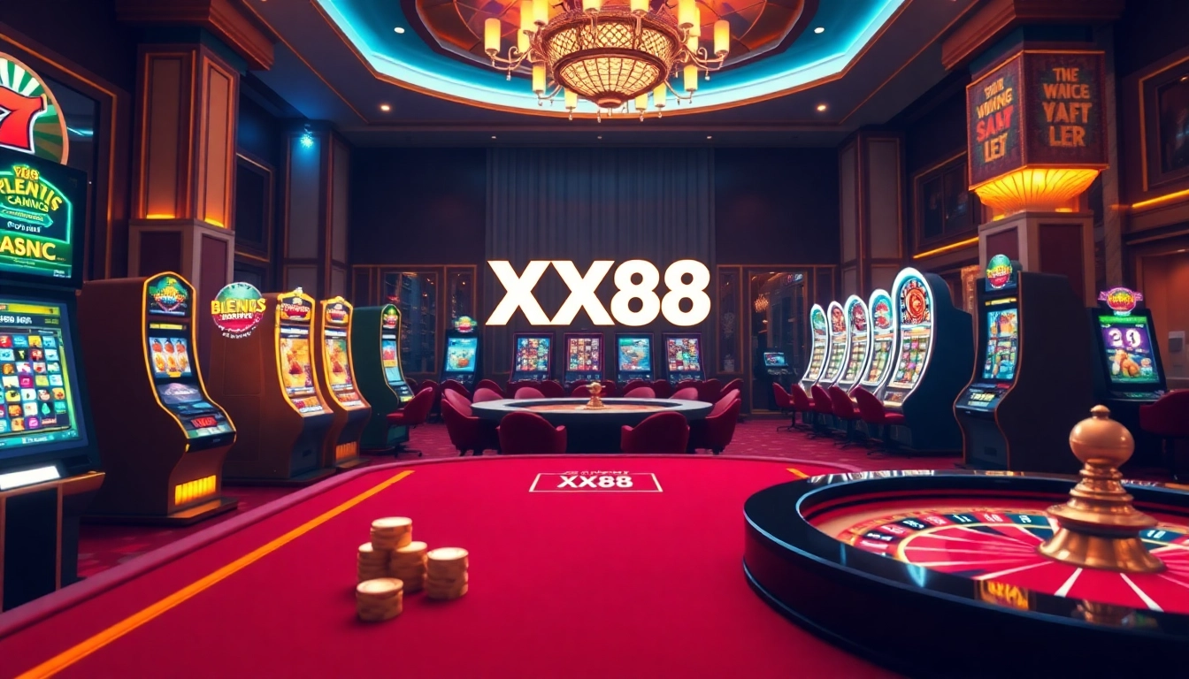 Players engaging in thrilling games at XX88's luxurious casino, showcasing poker and slot machines.