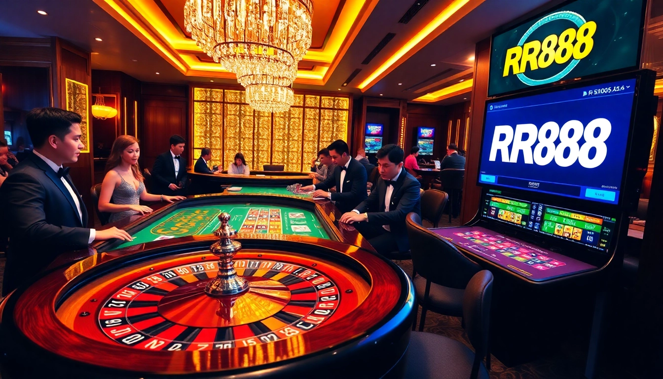 Experience thrilling gameplay at RR88 with a lively casino atmosphere featuring poker and roulette.