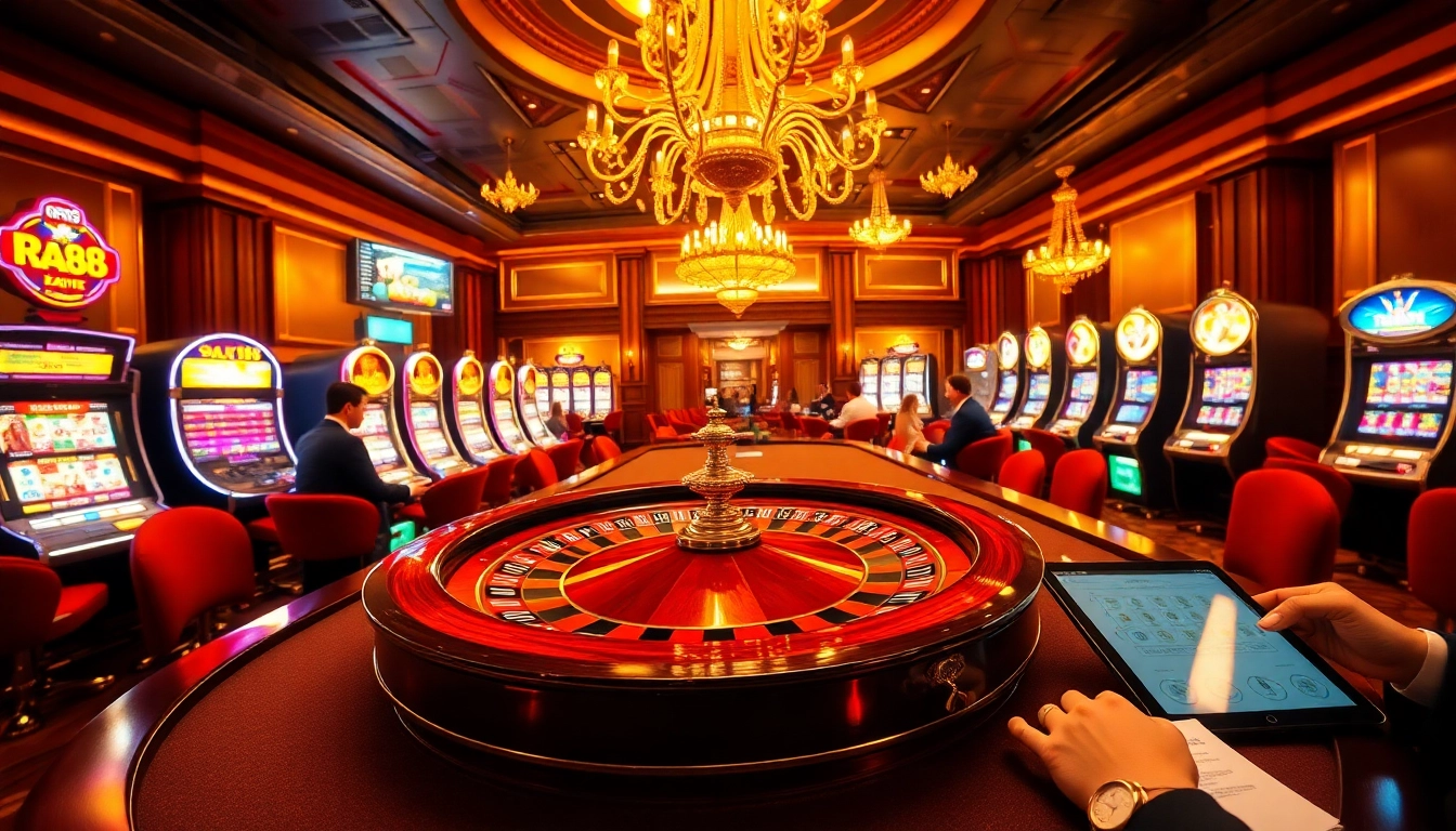 Exciting gameplay at rr88 casino featuring vibrant slot machines and an elegant roulette table.