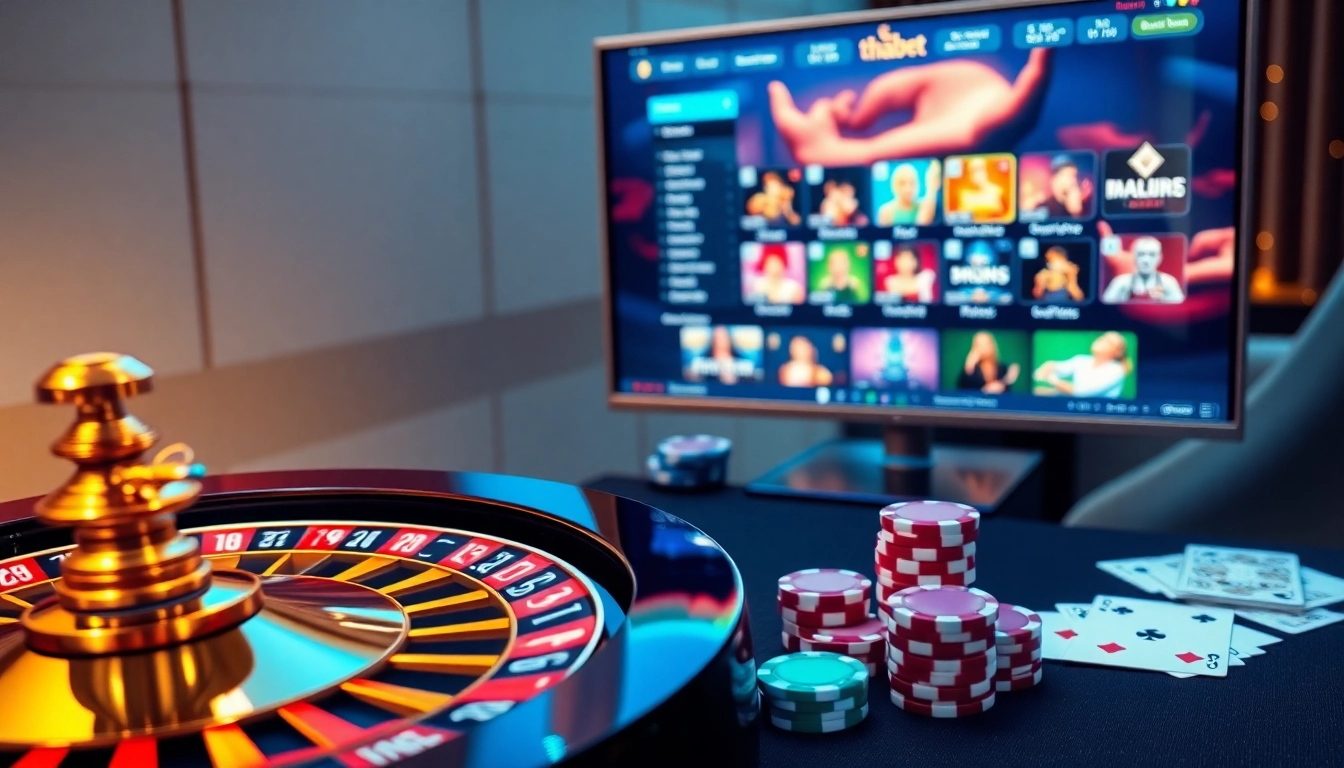 Nền tảng thabet offering an exciting online gambling experience with vibrant roulette and poker elements.