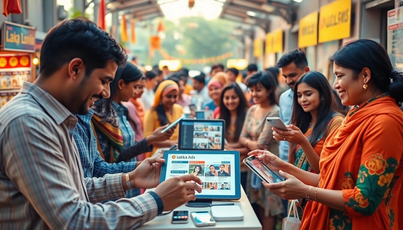 Lanka Ads platform showcasing diverse individuals engaging with online ads in a vibrant digital marketplace.