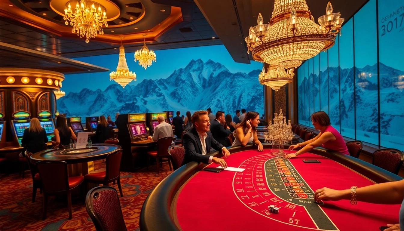 Exciting casino atmosphere featuring Everest Base Camp backdrop with players enjoying poker and roulette.