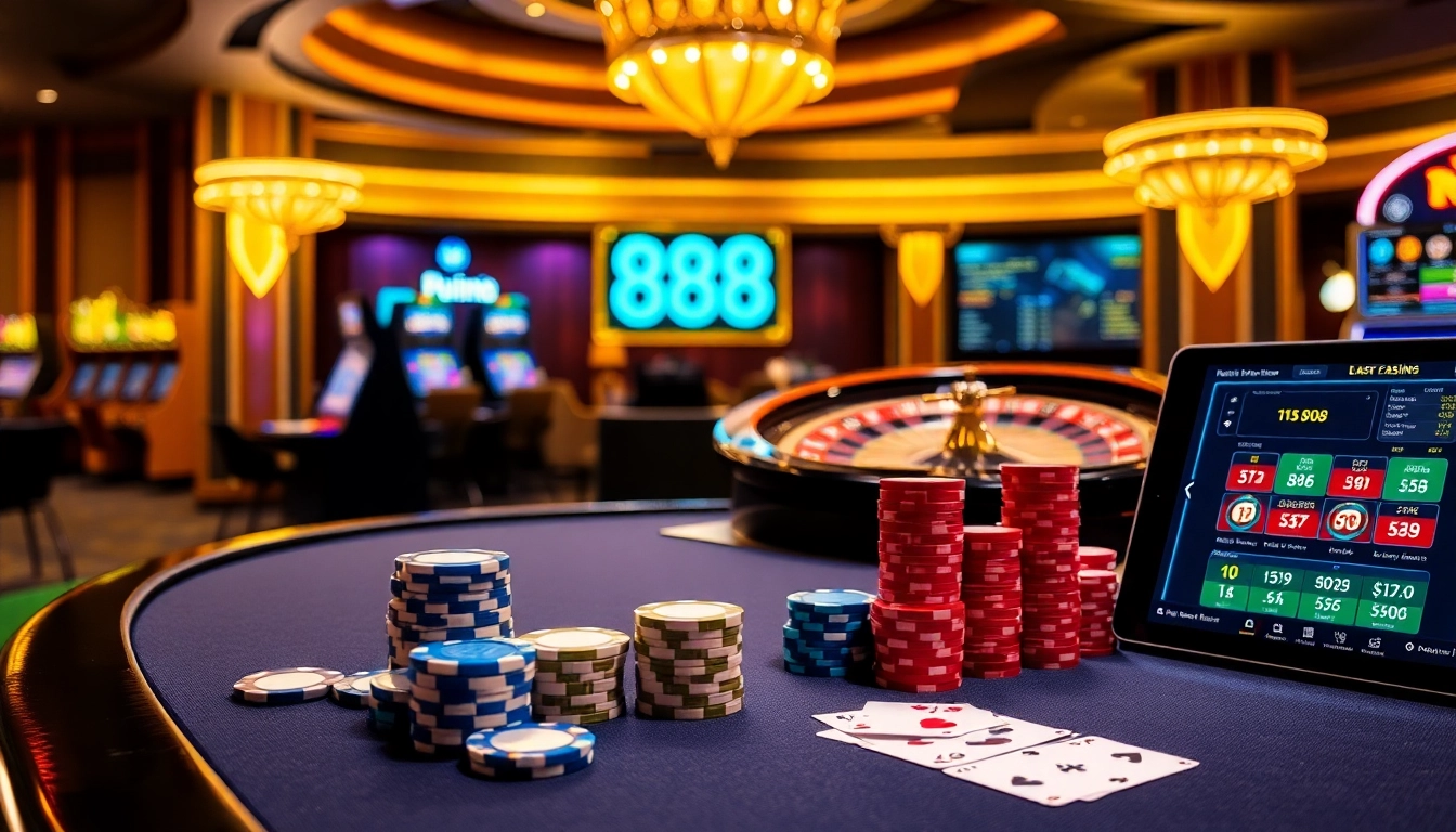 Experience the thrilling action of 888b with a luxurious casino scene showcasing vibrant roulette and poker.