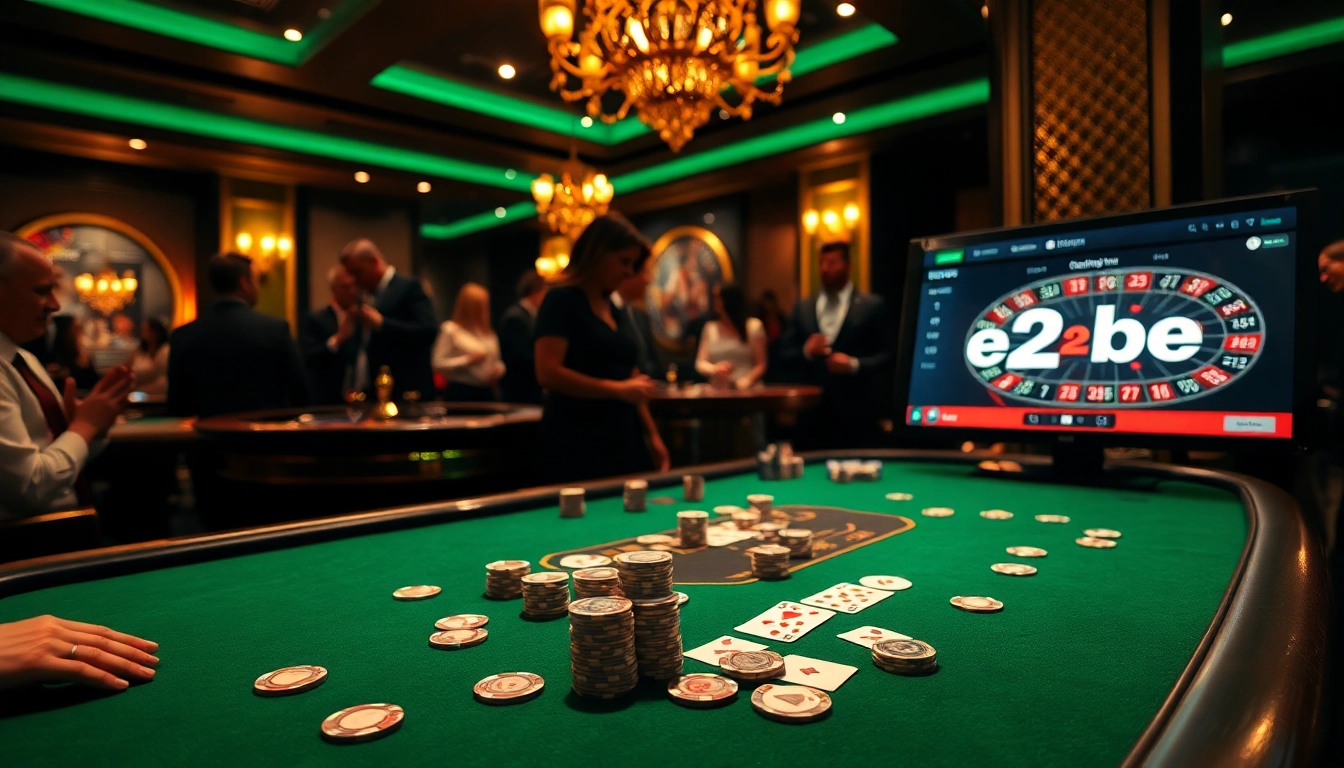 Experience e2bet's thrilling casino action with engaging poker table scenes full of chips and cards.