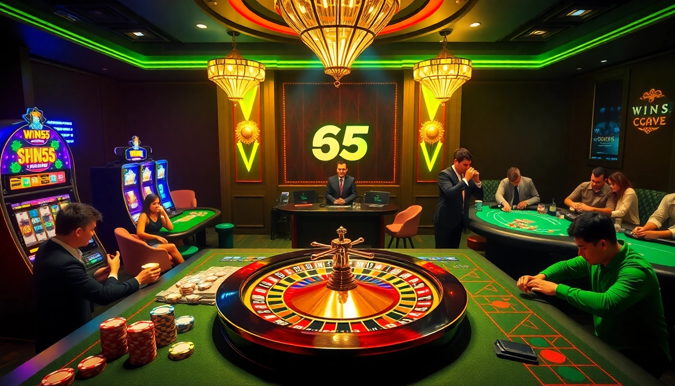 Win55 casino scene showing an exciting roulette wheel, poker games, and vibrant slot machines.