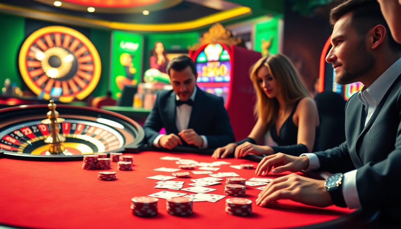 Players enjoying UU88 at a luxurious casino table with poker chips and roulette.