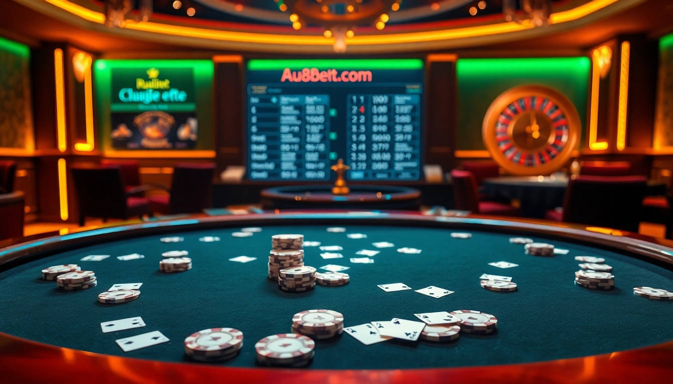 Experience the excitement of gambling at au88bet.it.com with a luxurious poker scene featuring vibrant colors and professional gaming elements.