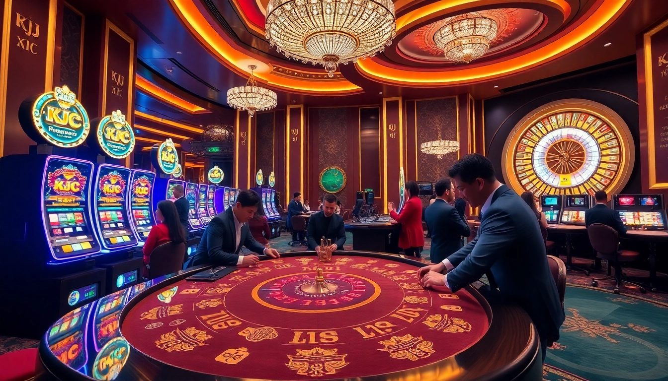 Experience the thrilling atmosphere at KJC Casino with high-stakes poker action under elegant lighting.