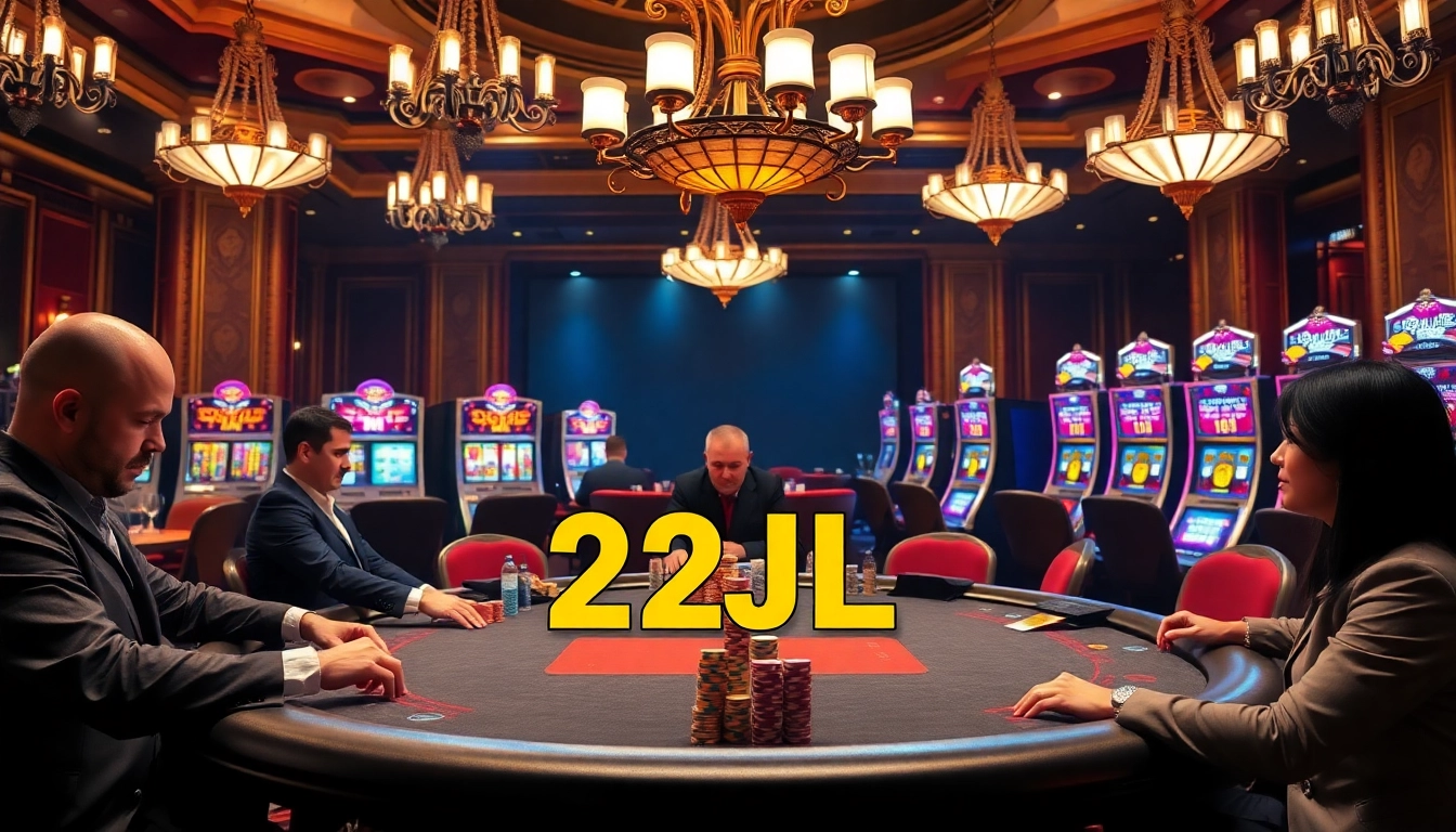 High-stakes poker players engaging in a thrilling game at 22JL Casino.