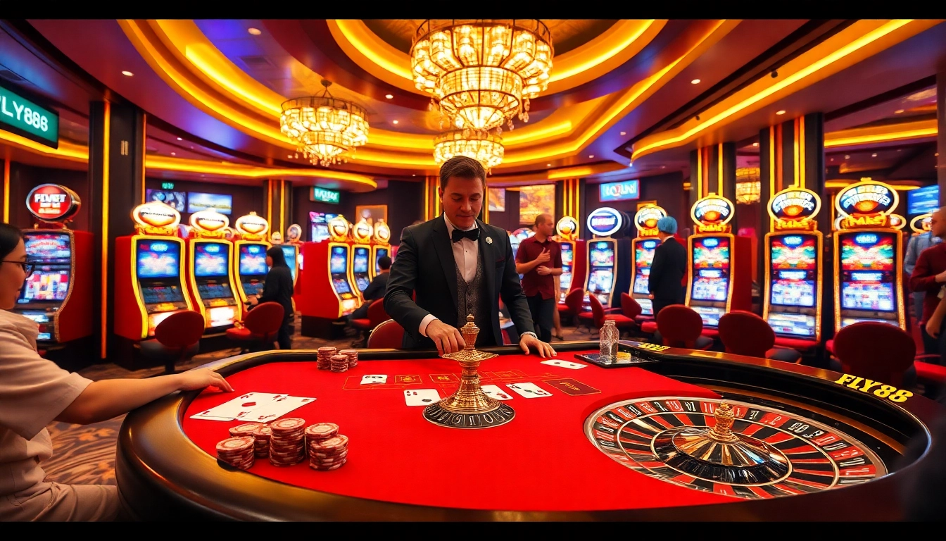 Experience the thrill of betting with FLY88 at a luxurious casino table filled with poker chips and cards.