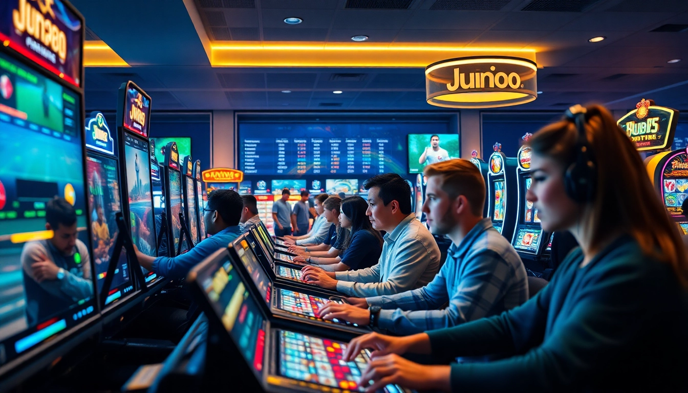 Engaged players immersed in the vibrant gaming ecosystem at https://jun88pl.com/ with digital interfaces and exciting promotions.