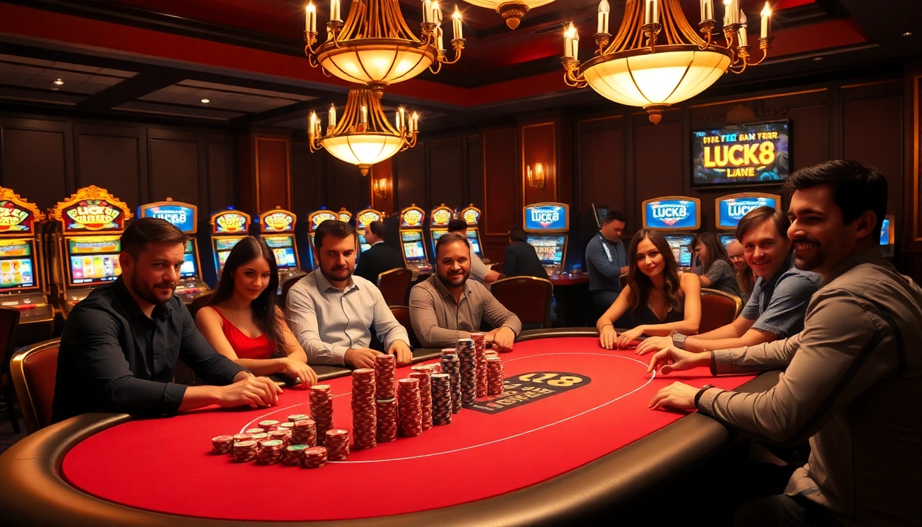 Người chơi tham gia trò chơi poker trên LUCK8, thể hiện sự phấn khích tại bàn casino sang trọng.