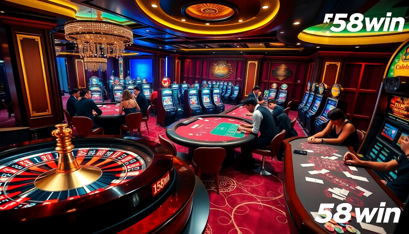 Players winning at a premium casino experience with 58win branding and bright slot machines.