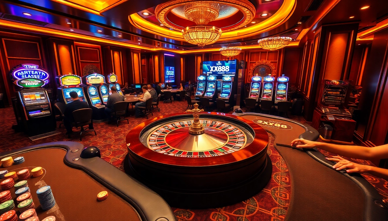 Experience the thrill of gambling with XX88 in a luxurious casino setting featuring roulette, poker, and vibrant slot machines.