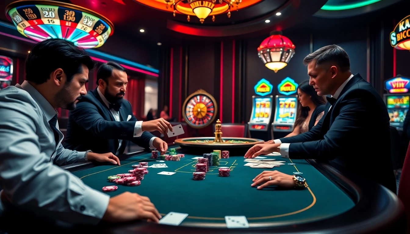 Professional poker players engaged in high-stakes action, showcasing RIKVIP's thrilling gaming atmosphere.