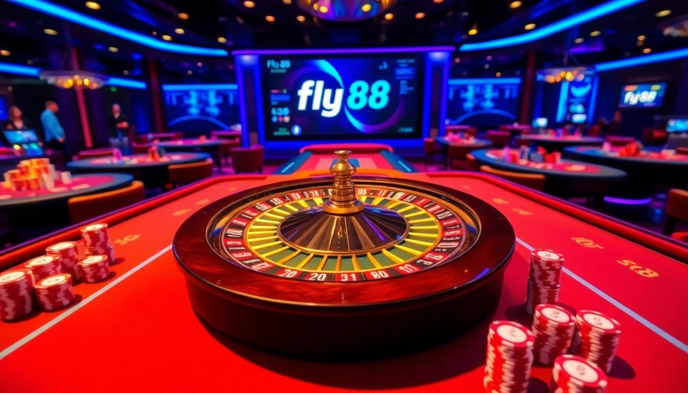 Experience high-stakes gaming at fly88 with vibrant casino tables and a dazzling roulette wheel.
