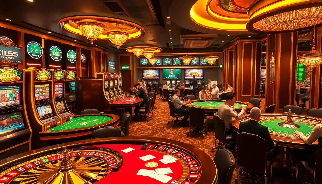 Action-packed casino scene showcasing KK55 poker chips and vibrant slot machines.