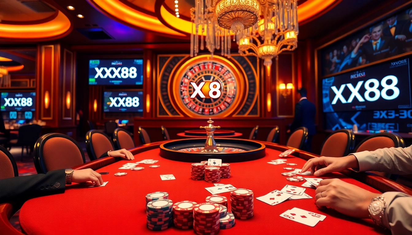 Players strategizing at an exciting XX88 poker table with vibrant chips and cards.