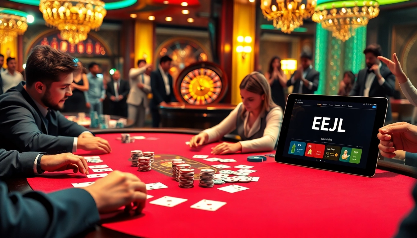 Experience high-stakes poker action and online betting with EEJL in a luxurious casino.