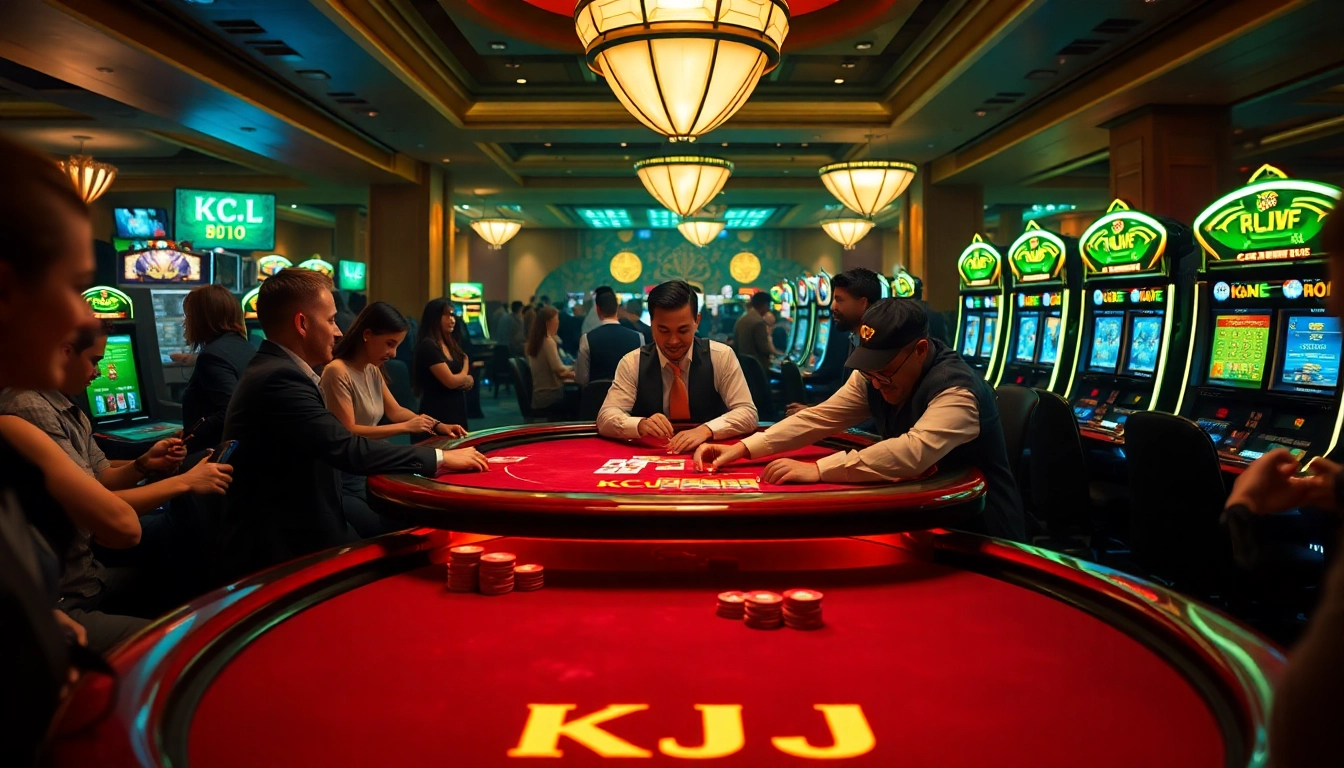 Players enjoy an exciting poker game at a KJC-themed casino, showcasing luxury and excitement.