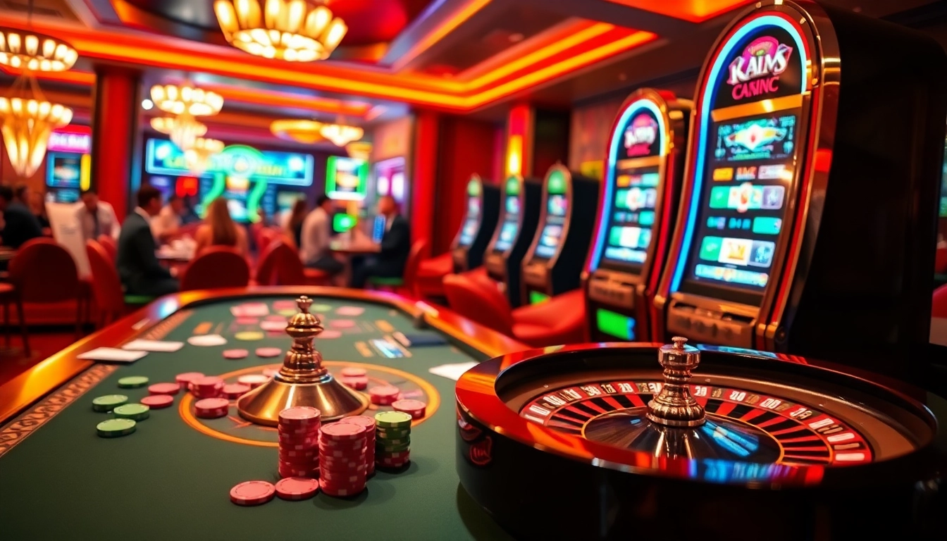 Engaging gamblers at https://kk55.host/ enjoying vibrant casino atmosphere with roulette and slot machines.