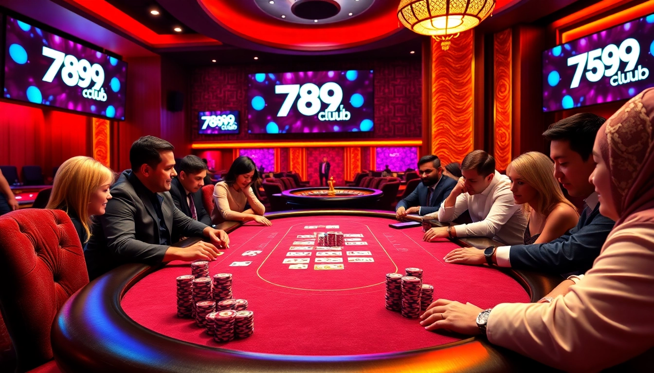 Engaging casino atmosphere with players at poker table showcasing 789club branding and vibrant action.
