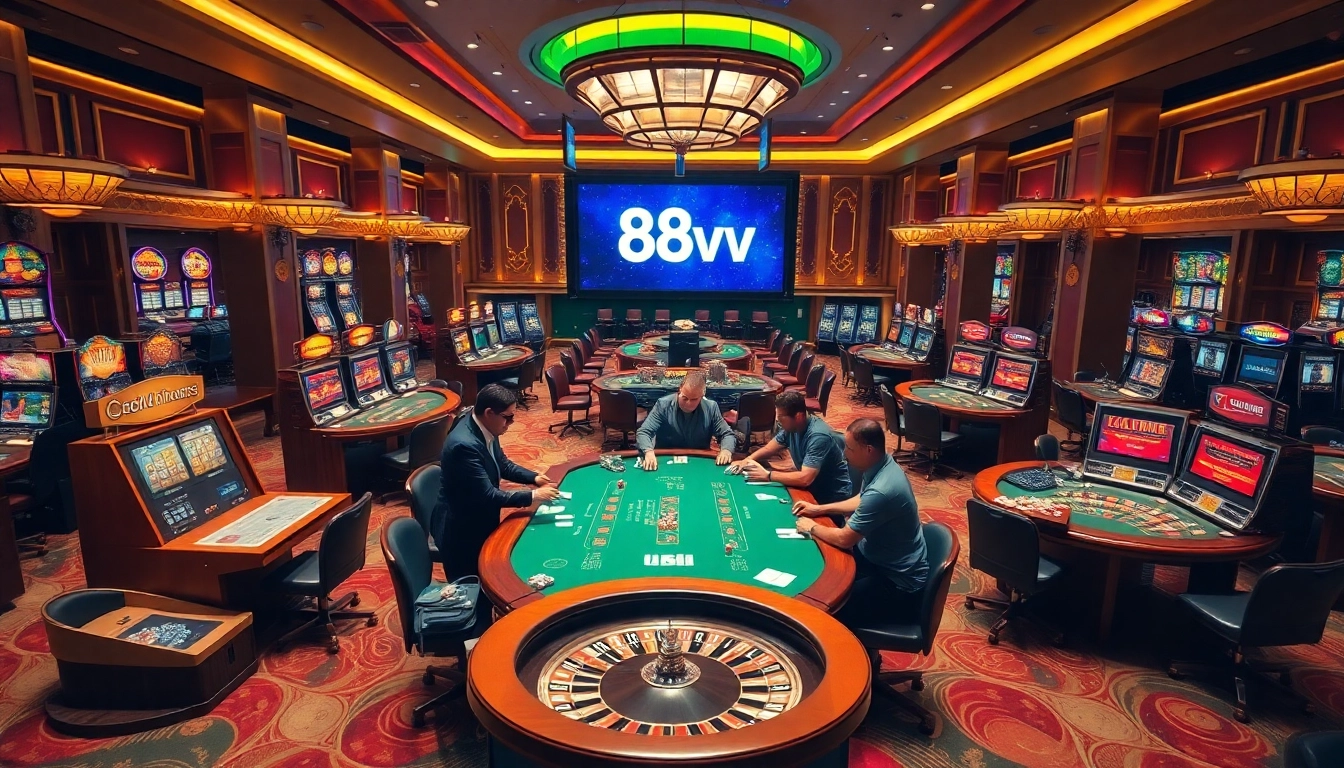 Experience the thrill at 88vv with an exciting casino scene filled with tables and vibrant gaming elements.