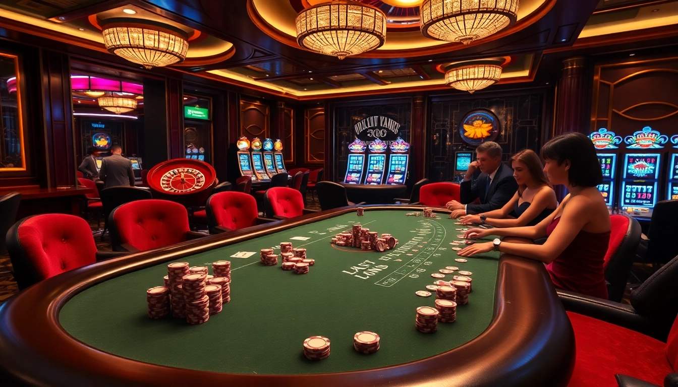A thrilling poker game featuring công ty kjc's luxurious casino elements, showcasing chips and vibrant players.