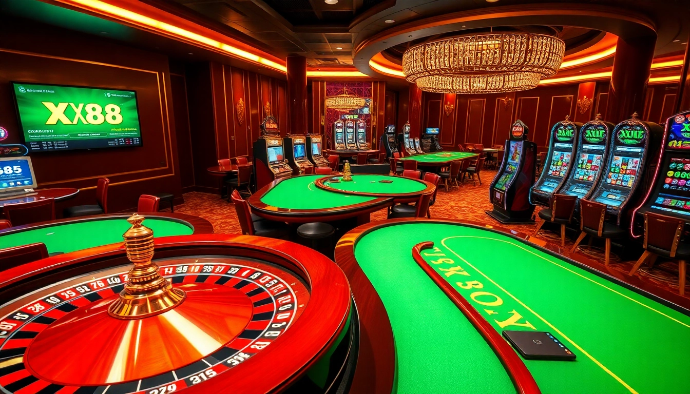 XX88 gaming scene featuring roulette and slot machines in a luxurious atmosphere.