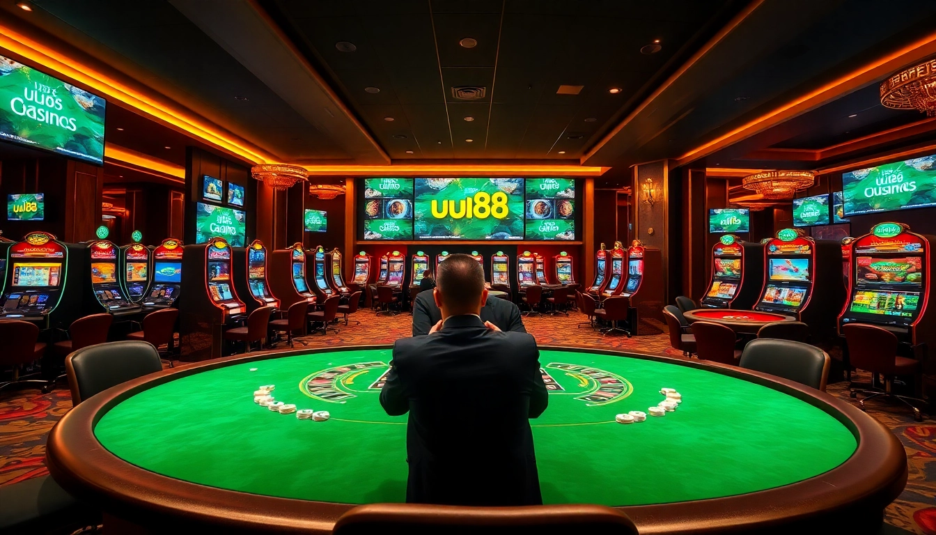 Experience thrilling gameplay with uu88 at a luxurious casino setup featuring poker and slot machines.