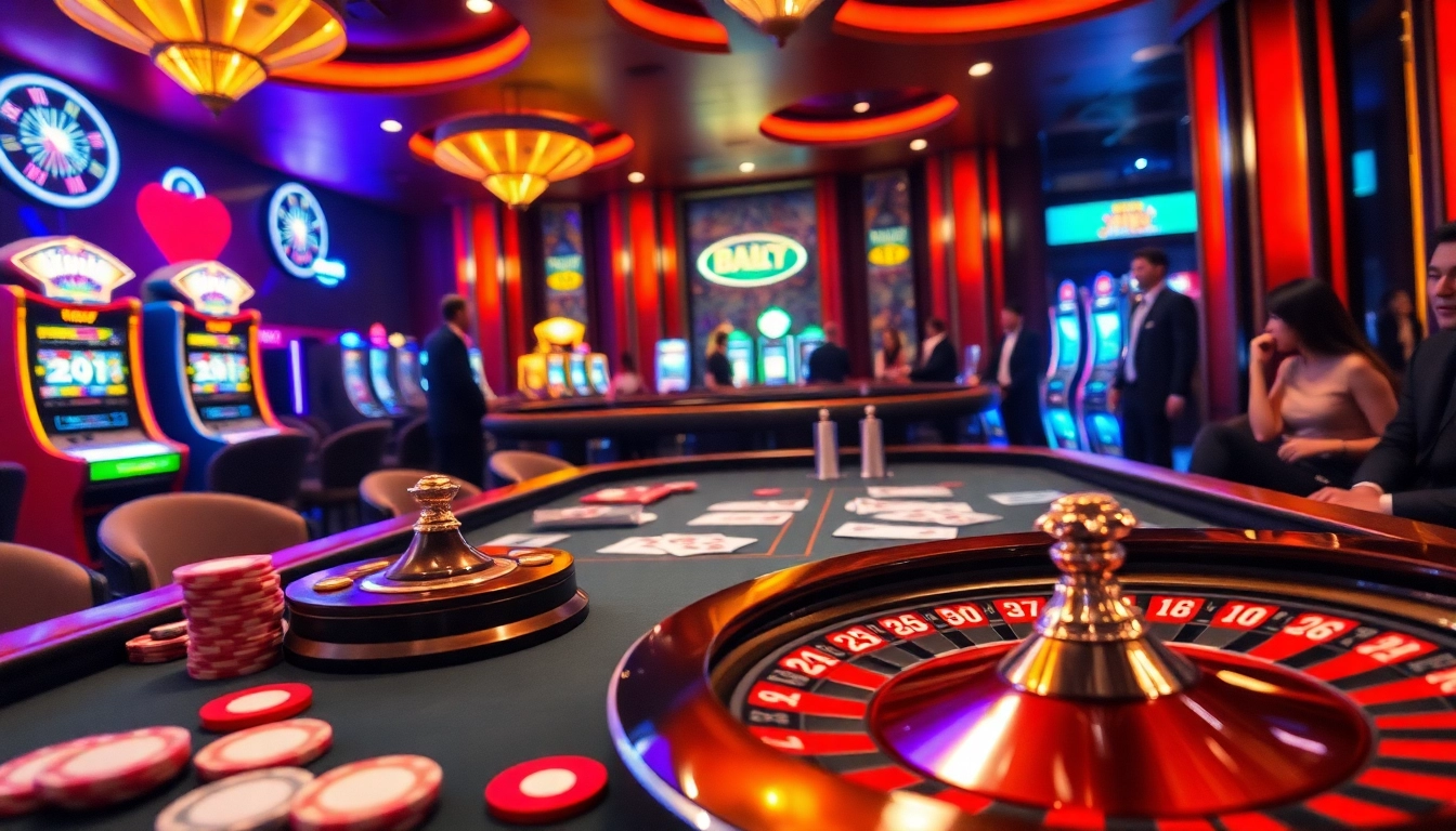 A thrilling scene at https://www.6l777.vip/ casino featuring vibrant gaming tables with chips and cards.