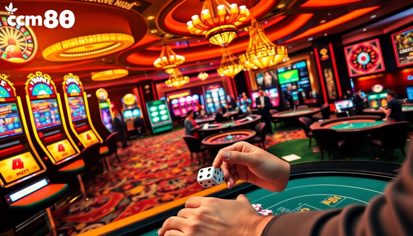 Experience the excitement of cm88 with vibrant casino visuals featuring poker tables and slot machines.