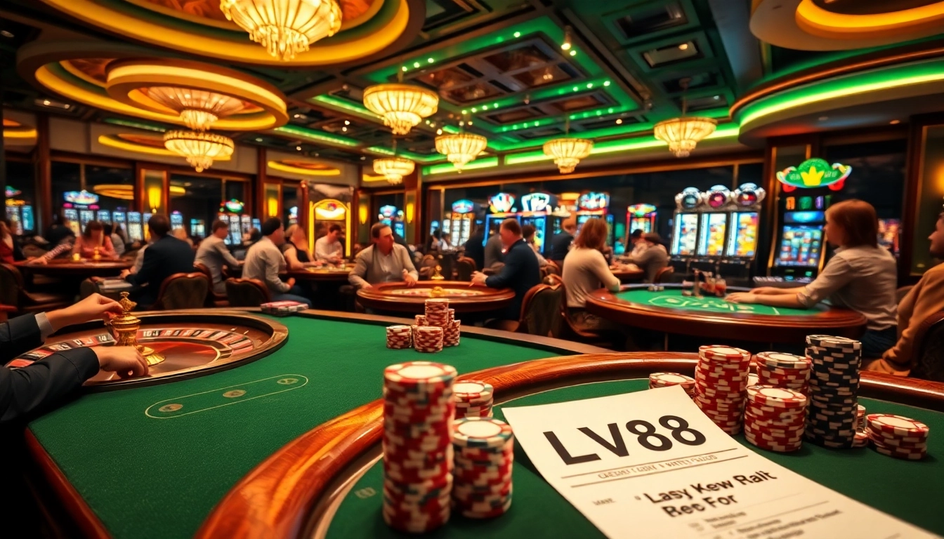 Players enjoying a thrilling poker game at LV88 casino with vibrant tables and chips.