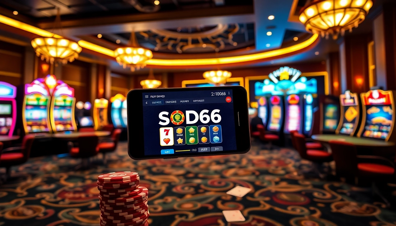 SODO66.com app interface displayed in an elegant casino environment filled with poker chips and cards.