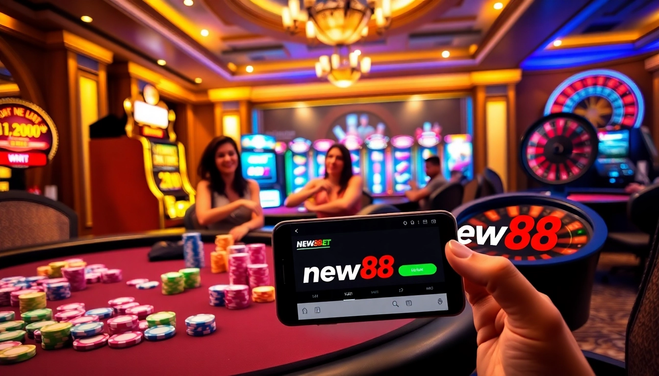 Experience thrilling games at new88bet's luxury casino, complete with vibrant slot machines and poker tables.