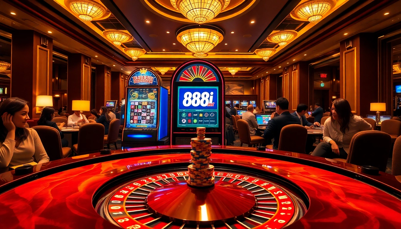 Exciting gaming action at 88i đăng nhập with roulette and poker chips in a luxurious casino.