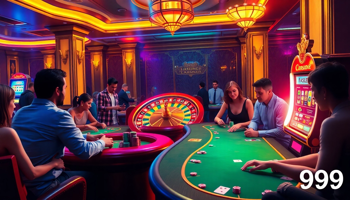 Gamblers enjoying high-stakes poker at a vibrant PS99-themed casino.