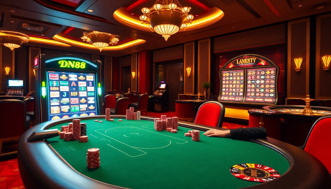 Experience high-stakes excitement at DN88 casino with poker chips and vibrant slot machines.
