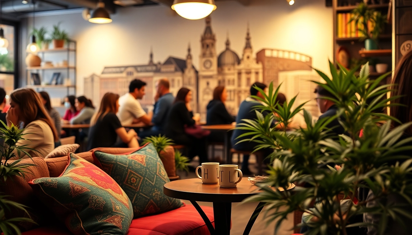 Customers enjoying coffee at a vibrant Cannabis Coffee Shop Madrid with a cozy atmosphere.
