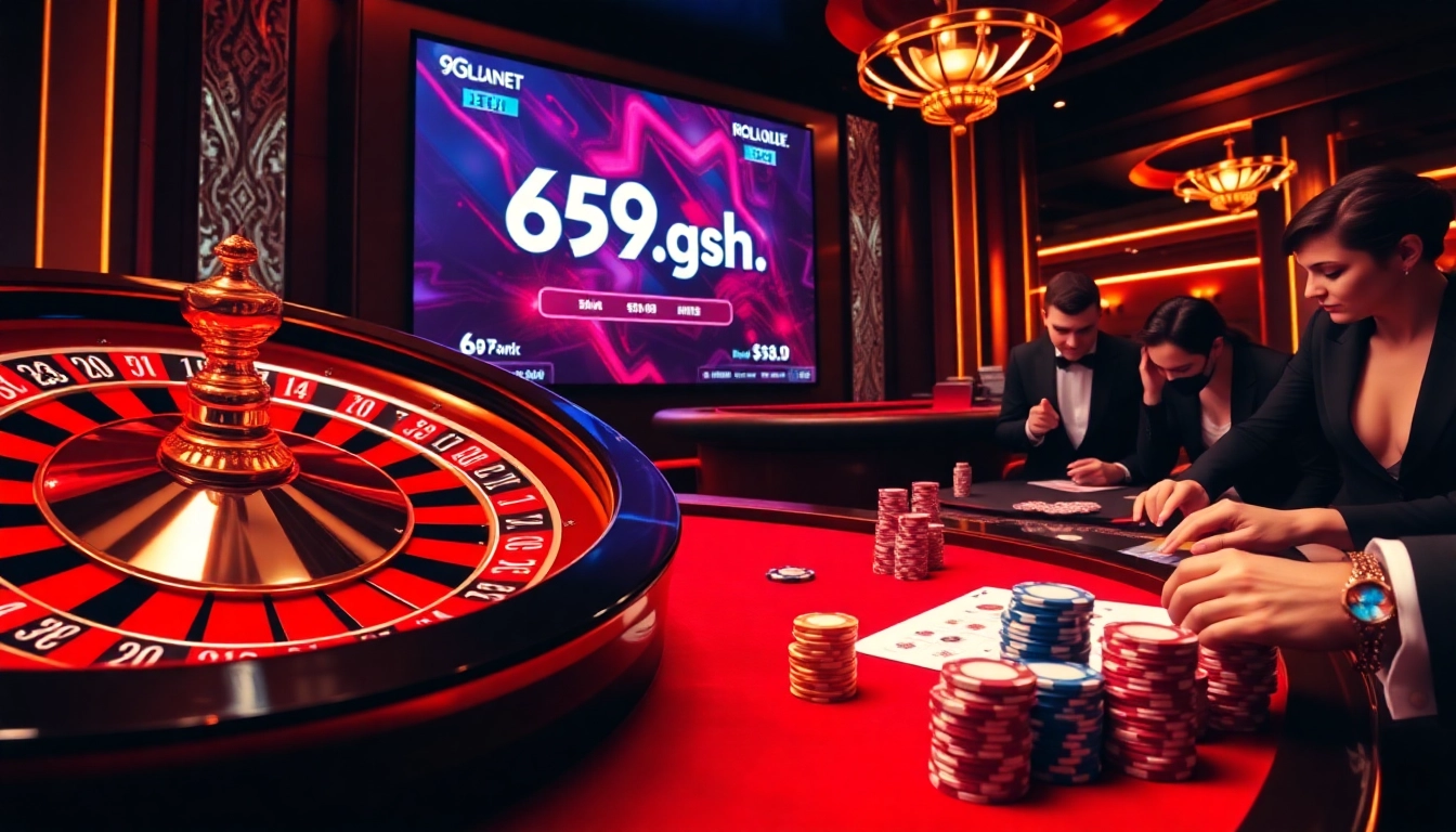 Experience the thrill of online gambling at 69vn.gb.net with a vibrant scene featuring poker chips and a roulette wheel.