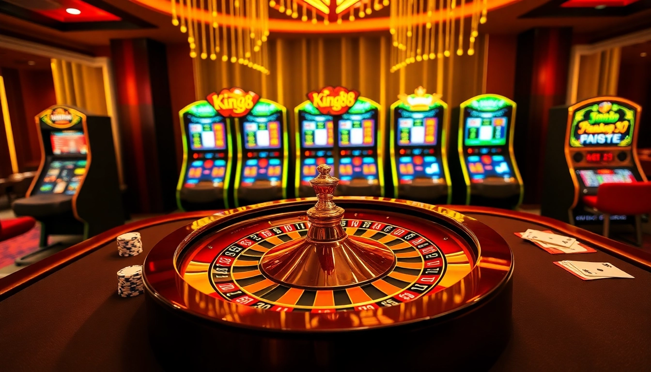 Experience the thrill at king88's luxurious casino with roulette and poker action.