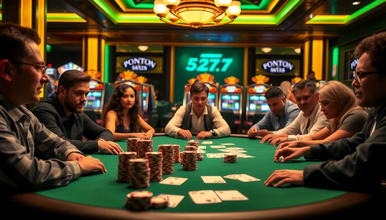 Players engaged in intense poker action at a casino table with 5z777 branding visible on poker chips.